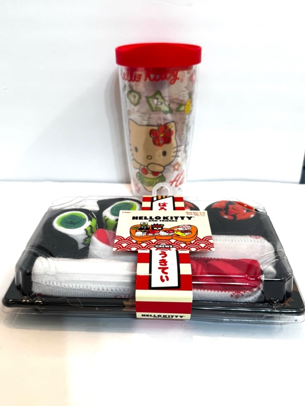 NEW Hello Kitty and Friends Womenโs 4 pair Sushi Socks and 16 Oz Islands Tumbler